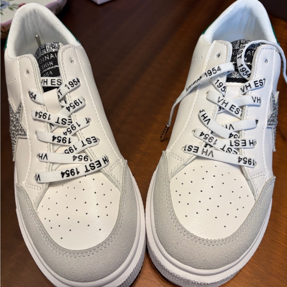 White and Grey Women’s Sneakers with Green Heels